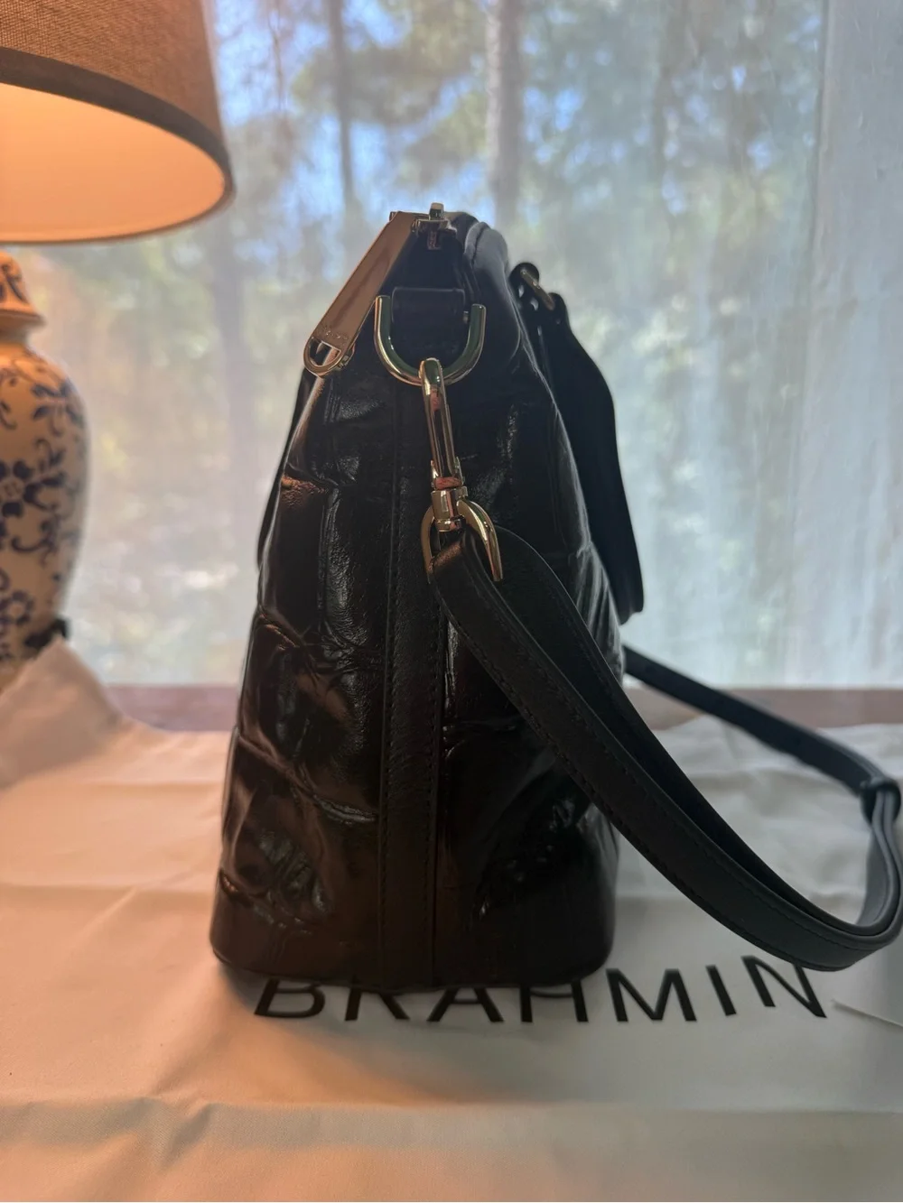Brahmin Black Croc-Embossed Patent Satchel with Tassel
